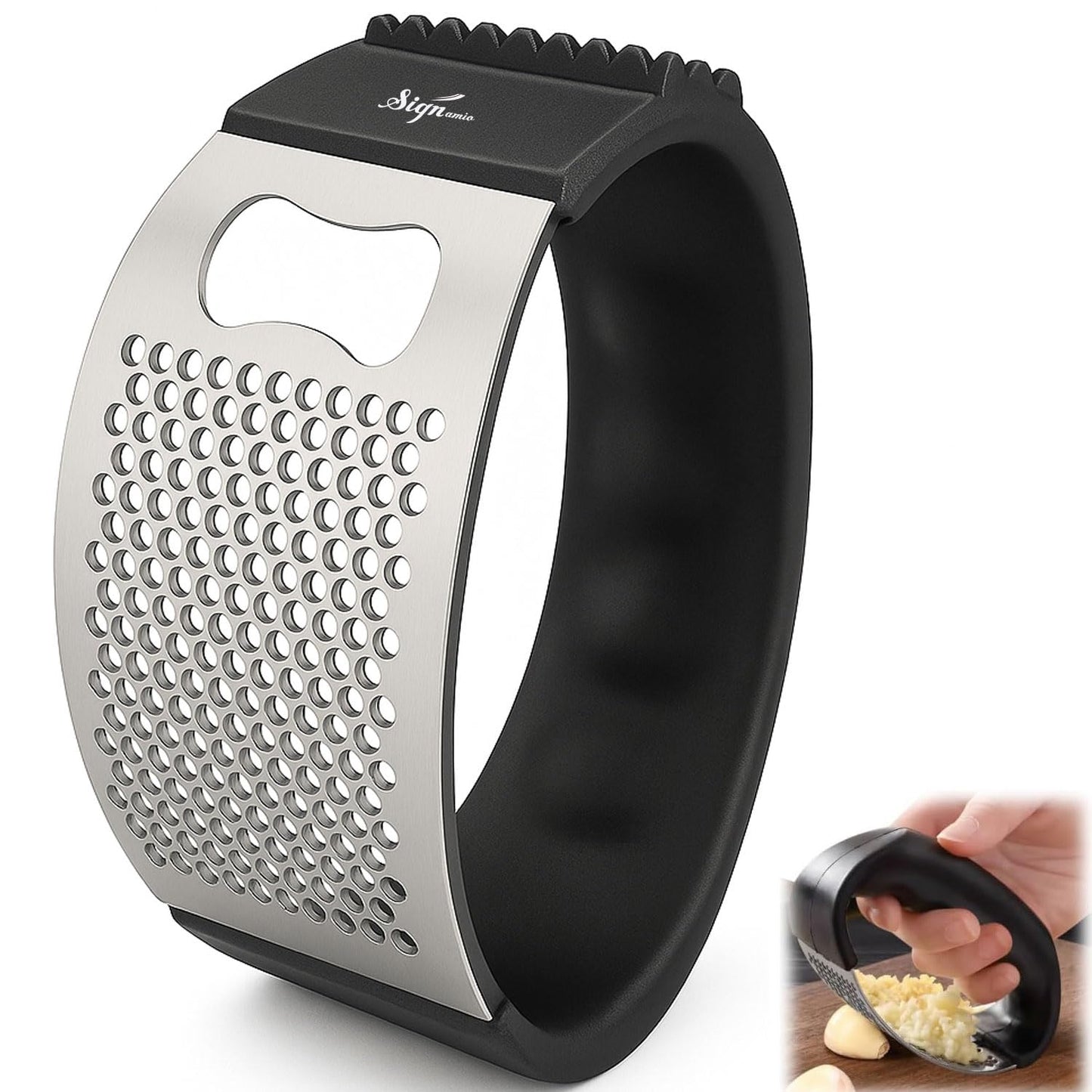Signamio Garlic Peeler Tool - Versatile Garlic Crusher Mini Hand Press Chopper for Effortless Garlic Preparation, Durable and Easy to Clean Kitchen Essential - Black
