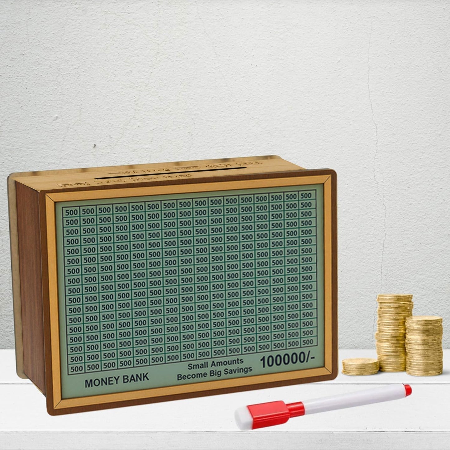 Signamio Money Saving Box for Adult 100000 - Wooden Piggy Bank 100000 with Marker Pen, Elegant Wooden Piggy Bank for Adults, Perfect Money Saving Solution and Financial Goal Achievement - Small Dn 2