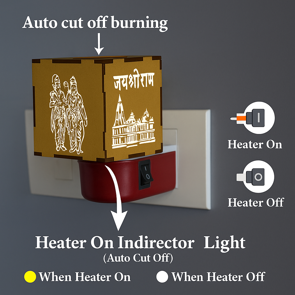 Signamio Auto Cut Wooden Ram Mandir Camphor Kapur Burner with Night Lamp - Kapoor Dani for Home Fragrance, Aroma Oil Diffuser, Bakhoor Burner, Kapoor Diffuser for Home