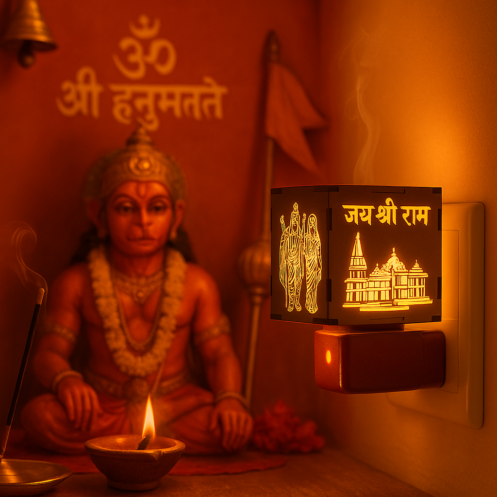 Signamio Auto Cut Wooden Ram Mandir Camphor Kapur Burner with Night Lamp - Kapoor Dani for Home Fragrance, Aroma Oil Diffuser, Bakhoor Burner, Kapoor Diffuser for Home