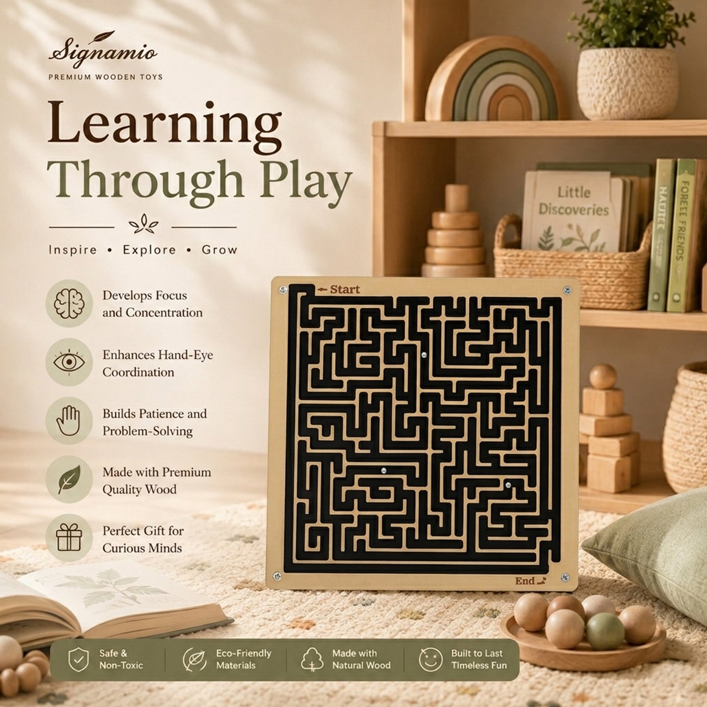SIGNAMIO Indoor Wooden Puzzle Game Square Maze Ball - Engaging Mind Games for Kids & Adults, Perfect Brain Teaser & Time Pass Activity, Ideal Wooden Board Game for All Ages