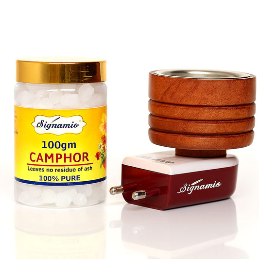 SIGNAMIO® Wooden Kapoor Kapur Dani Camphor Karpuram Bakhoor Oud Aroma Oil Diffuser Incense Dhoop Burner Electrical Stand Machine for Home Fragrance with 100gm Tablet