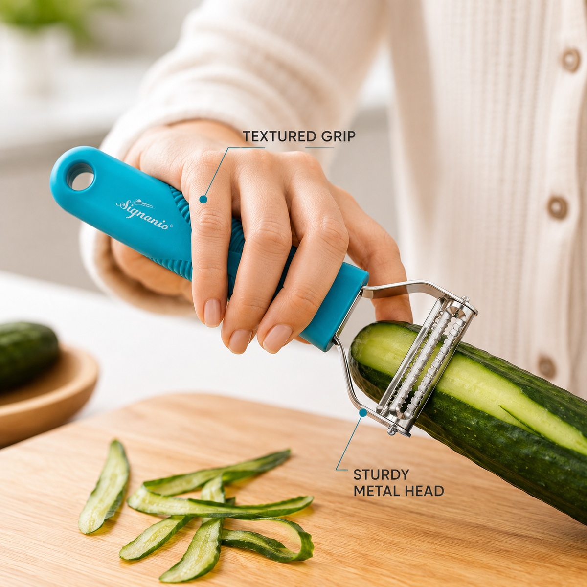 Signamio 2 in 1 Julian Peeler for Salad, Dual Blade Salad Peeler Kitchen Tool, Handheld Julienne Peeler for Salad for Quick Veggie Ribbons, Safe Grip Handle for Home Cooking Prep