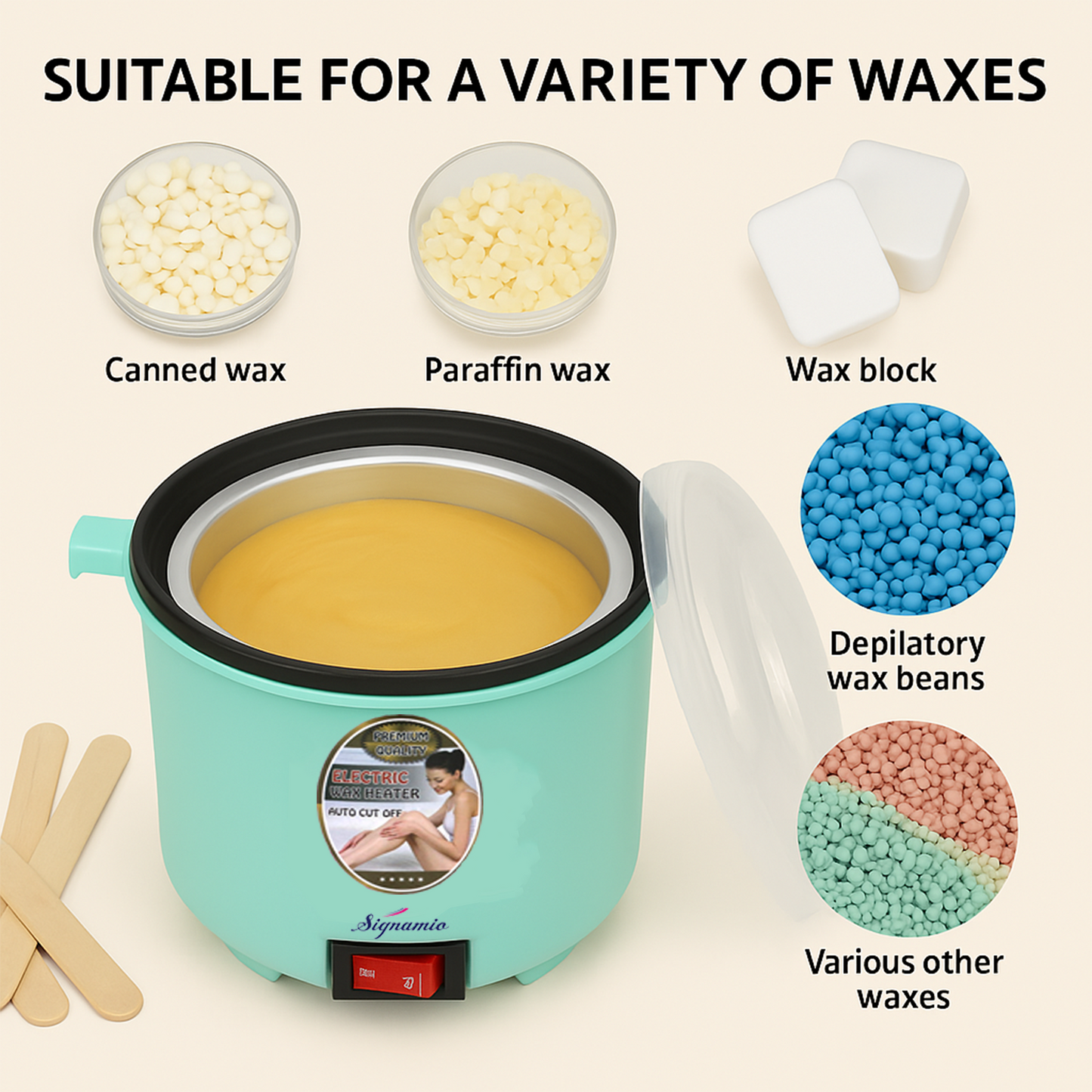 Signamio Wax Heater for Waxing for Women - Professional Wax Heater & Wax Machine for Waxing - Fast Melting Electric Hair Removal Kit for Smooth Skin at Home or Salon - Green