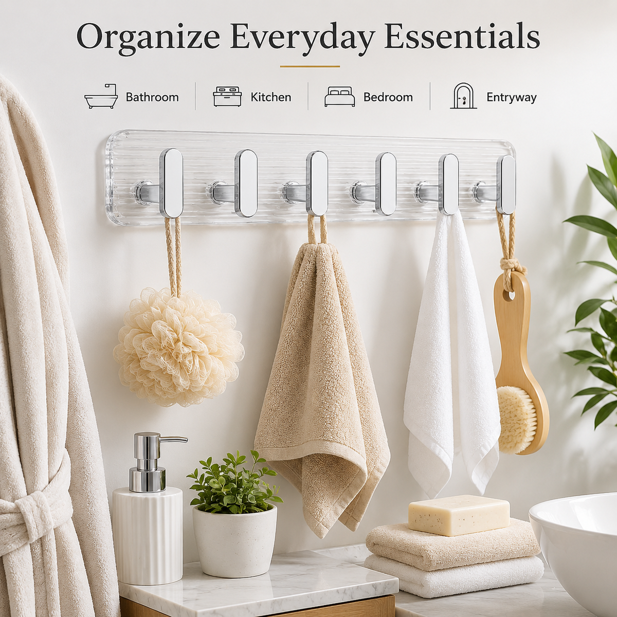 SIGNAMIO 6 Hook Shelf Adhesive Strip Wall Hanging Sticky Hook Silver