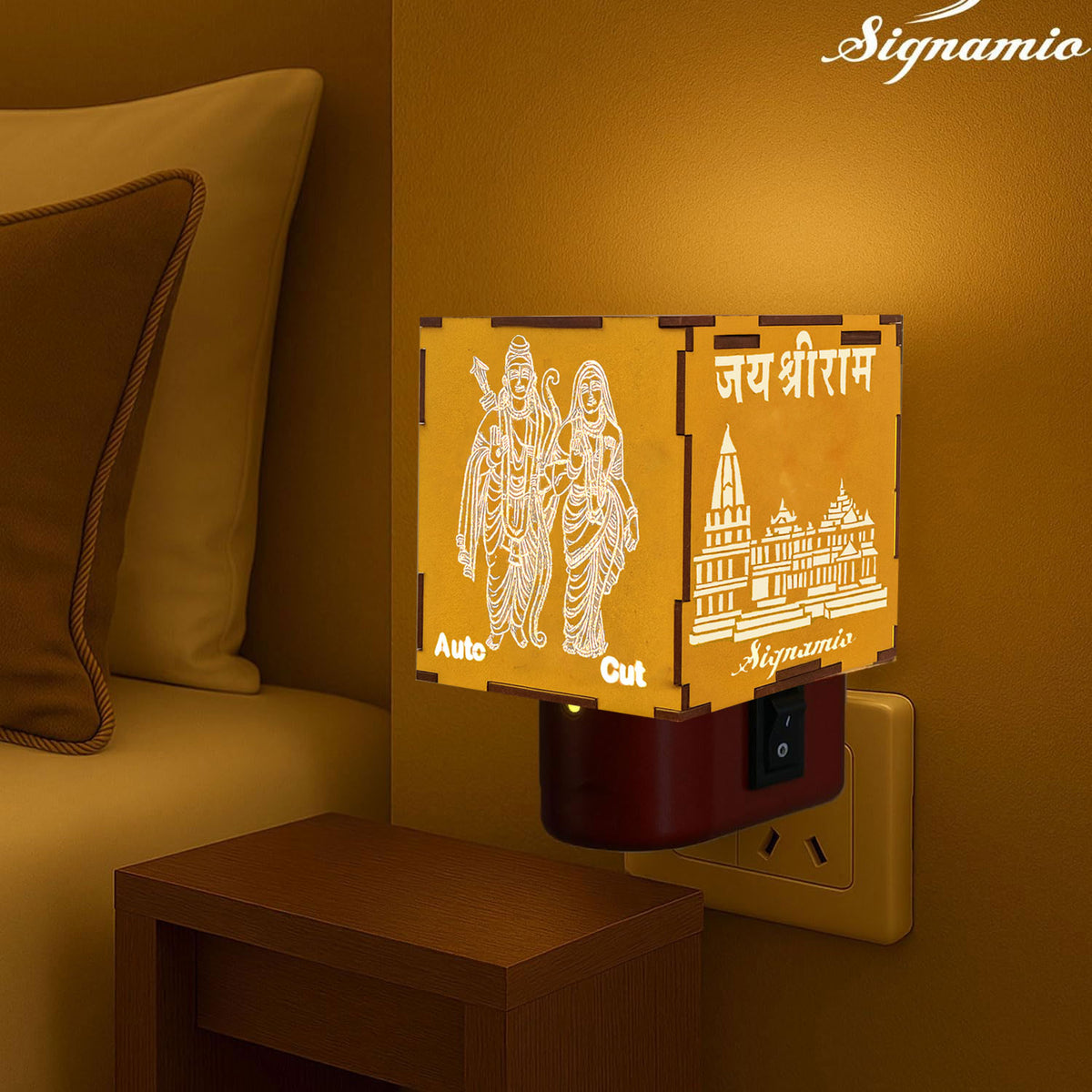 Signamio Auto Cut Wooden Ram Mandir Camphor Kapur Burner with Night Lamp - Kapoor Dani for Home Fragrance, Aroma Oil Diffuser, Bakhoor Burner, Kapoor Diffuser for Home