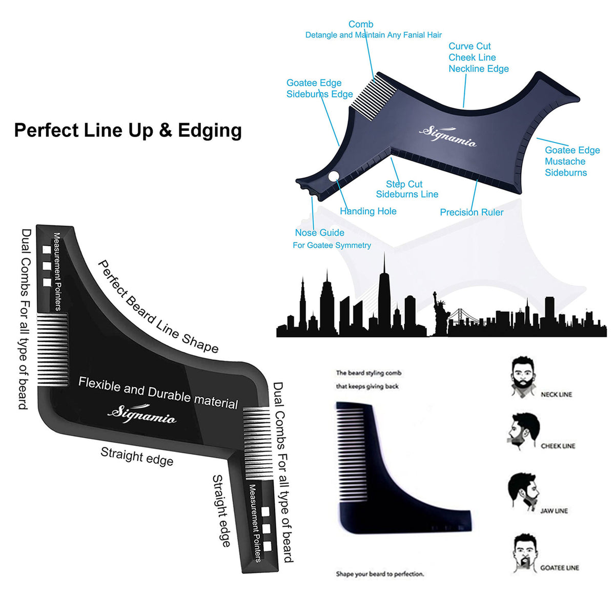 SIGNAMIO Set of 4 Multi Purpose Black/Transparent Beard Shaper tool for Men | Beard Shaping Stencil Comb for men styling shave for neck line guide - Grooming kit