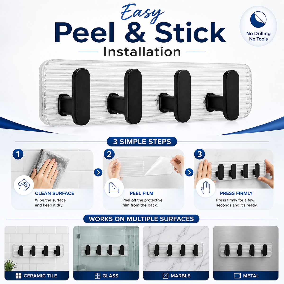 SIGNAMIO 8 Hook Shelf Adhesive Strip Wall Hanging Sticky Hook Black