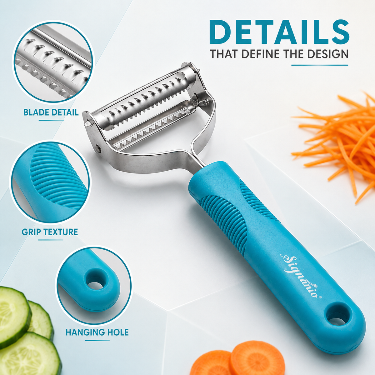 Signamio 2 in 1 Julian Peeler for Salad, Dual Blade Salad Peeler Kitchen Tool, Handheld Julienne Peeler for Salad for Quick Veggie Ribbons, Safe Grip Handle for Home Cooking Prep
