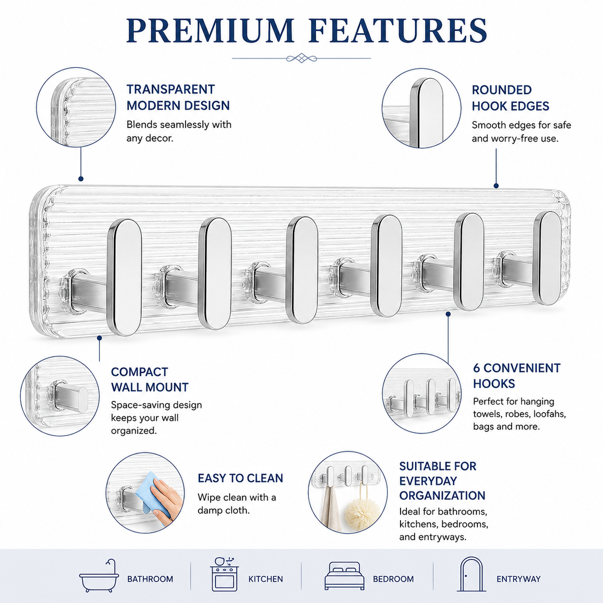 SIGNAMIO 6 Hook Shelf Adhesive Strip Wall Hanging Sticky Hook Silver