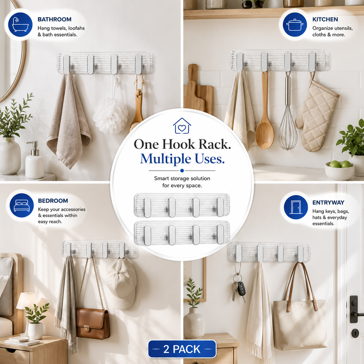 SIGNAMIO 8 Hook Shelf Adhesive Strip Wall Hanging Sticky Hook Silver