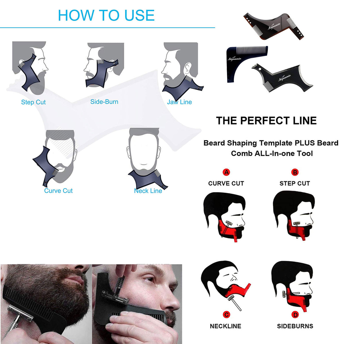 SIGNAMIO Set of 4 Multi Purpose Black/Transparent Beard Shaper tool for Men | Beard Shaping Stencil Comb for men styling shave for neck line guide - Grooming kit