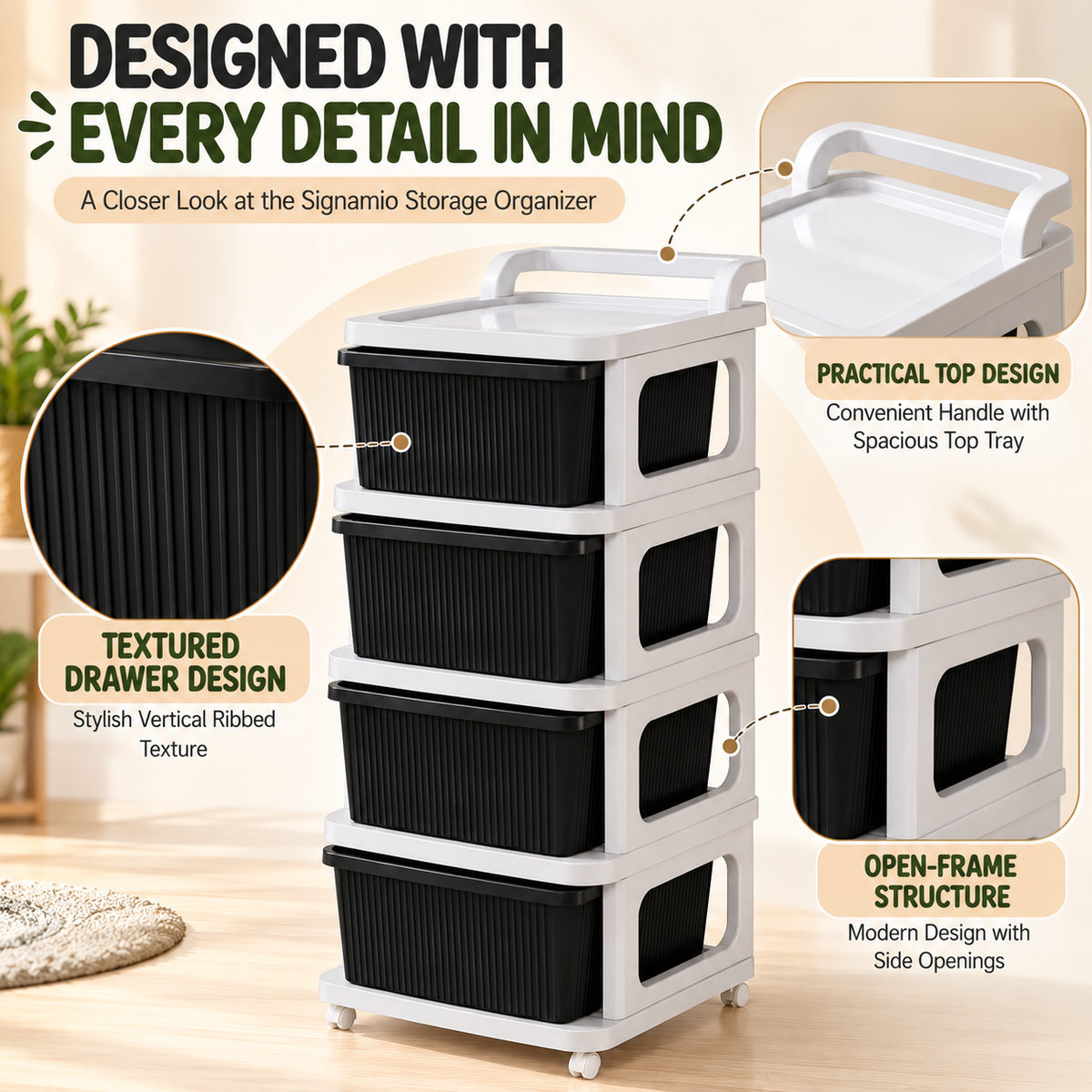 SIGNAMIO Multipurpose 4 Tier Storage Organizer with Wheels Grey