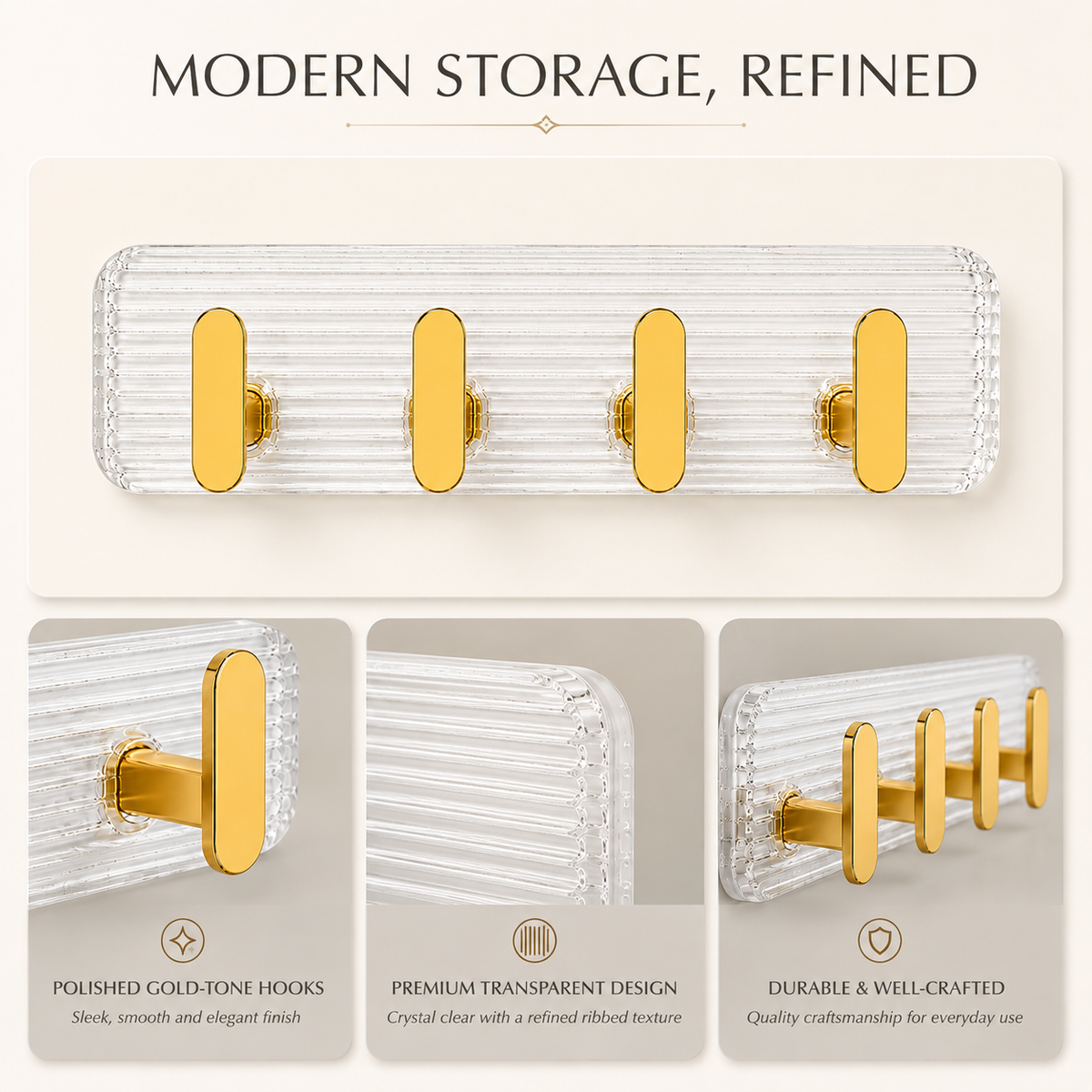 SIGNAMIO 8 Hook Shelf Adhesive Strip Wall Hanging Sticky Hook Gold