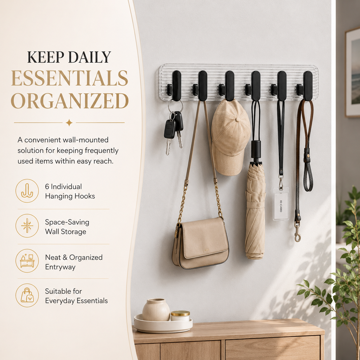 SIGNAMIO 6 Hook Shelf Adhesive Strip Wall Hanging Sticky Hook Black