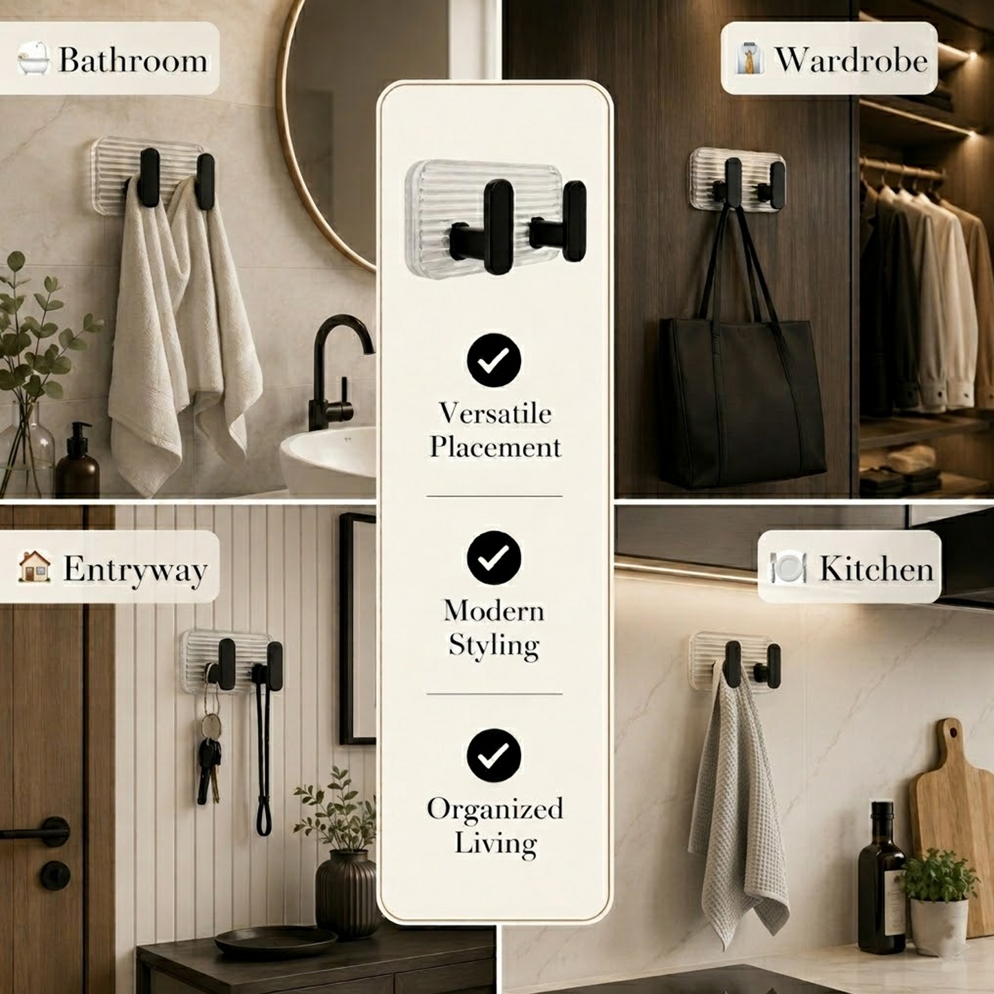SIGNAMIO 8 Hook Self Adhesive Wall Hooks for Wall Heavy Items, Adhesive Wall Hook, Wall Hooks for Hanging Clothes, Kitchen & Bathroom Accessories, Stick On Hooks for Wall Without Drill -Black