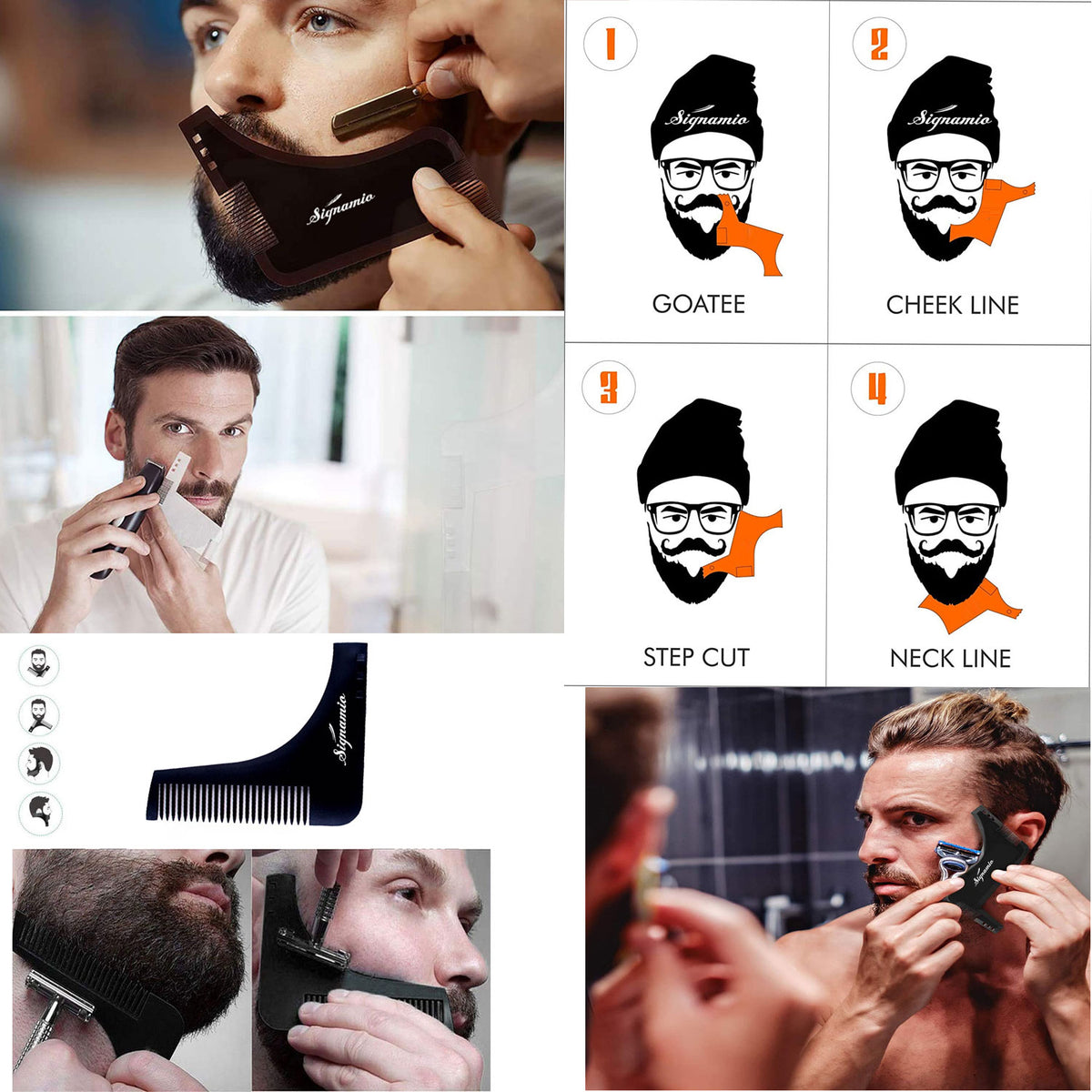 SIGNAMIO Set of 4 Multi Purpose Black/Transparent Beard Shaper tool for Men | Beard Shaping Stencil Comb for men styling shave for neck line guide - Grooming kit