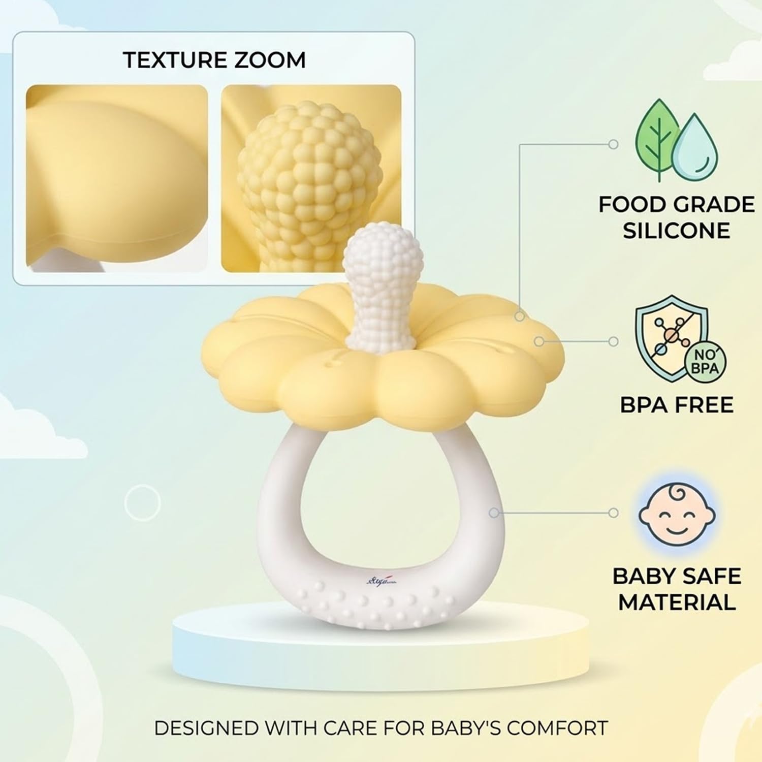 Signamio Silicone Teether for Baby, BPA Free - Food Grade, Non Toxic PVC Free, Easy Grip Handle, Soft Edges, Baby Teethers for 6 to 12 Months, Teethers for 3 to 6 Months, Soft - Yellow