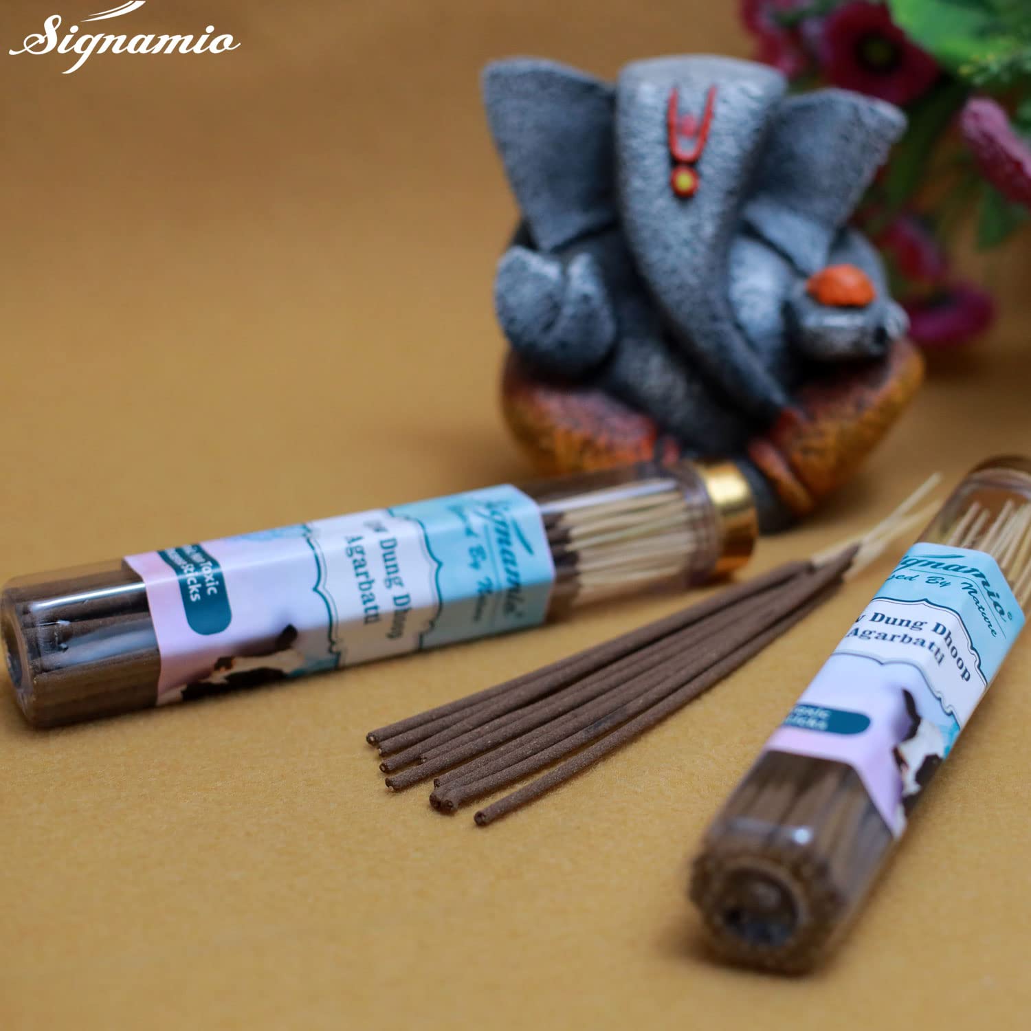 SIGNAMIO® Pure Organic Cow Dung Dhoop Agarbatti with Natural Herbs & No Charcoal,Incense Sticks,Agarbatti for Pooja,Desi Cow Dung Dhoop Batti,for Home,Office-(100g x 2 Bottle)