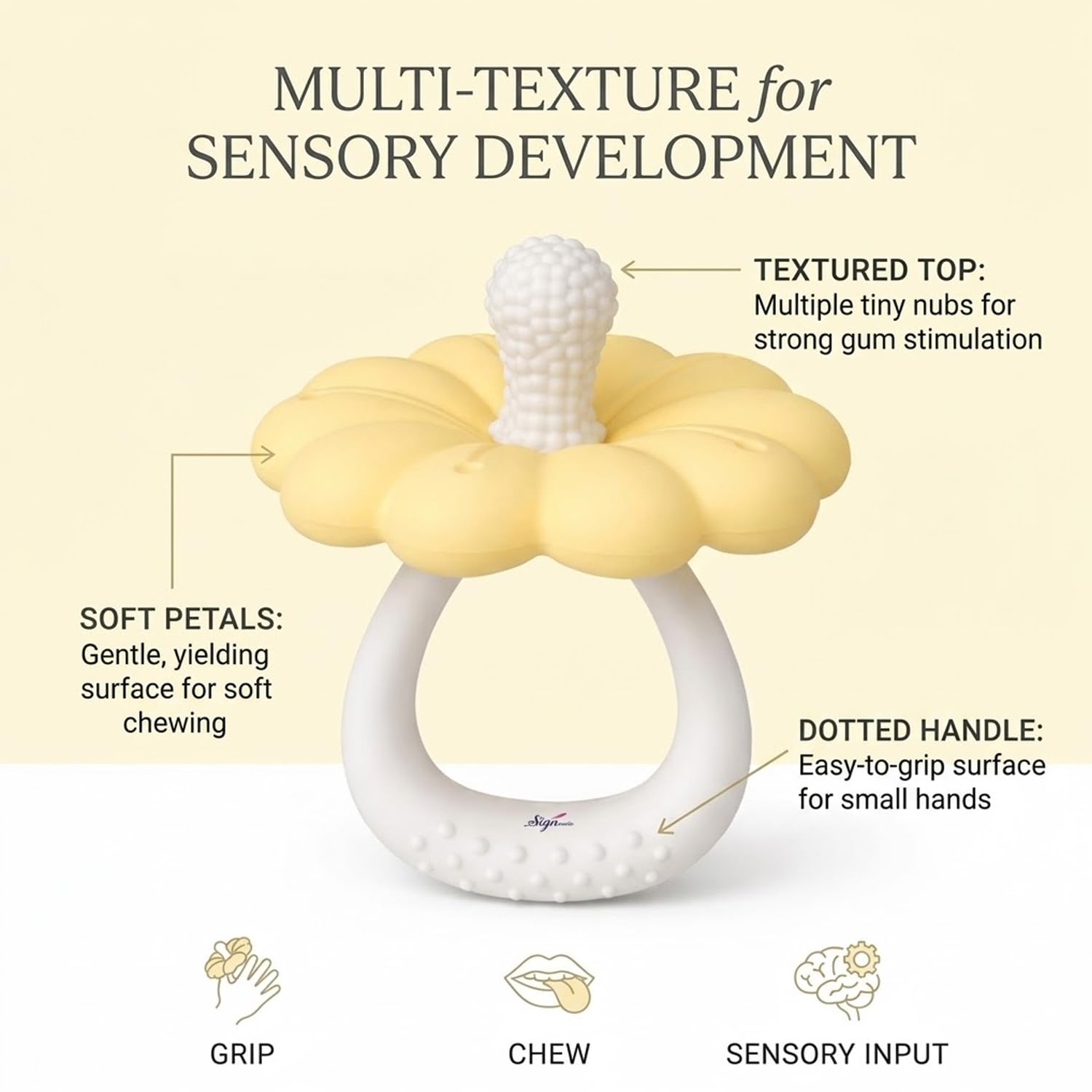 Signamio Silicone Teether for Baby, BPA Free - Food Grade, Non Toxic PVC Free, Easy Grip Handle, Soft Edges, Baby Teethers for 6 to 12 Months, Teethers for 3 to 6 Months, Soft - Yellow