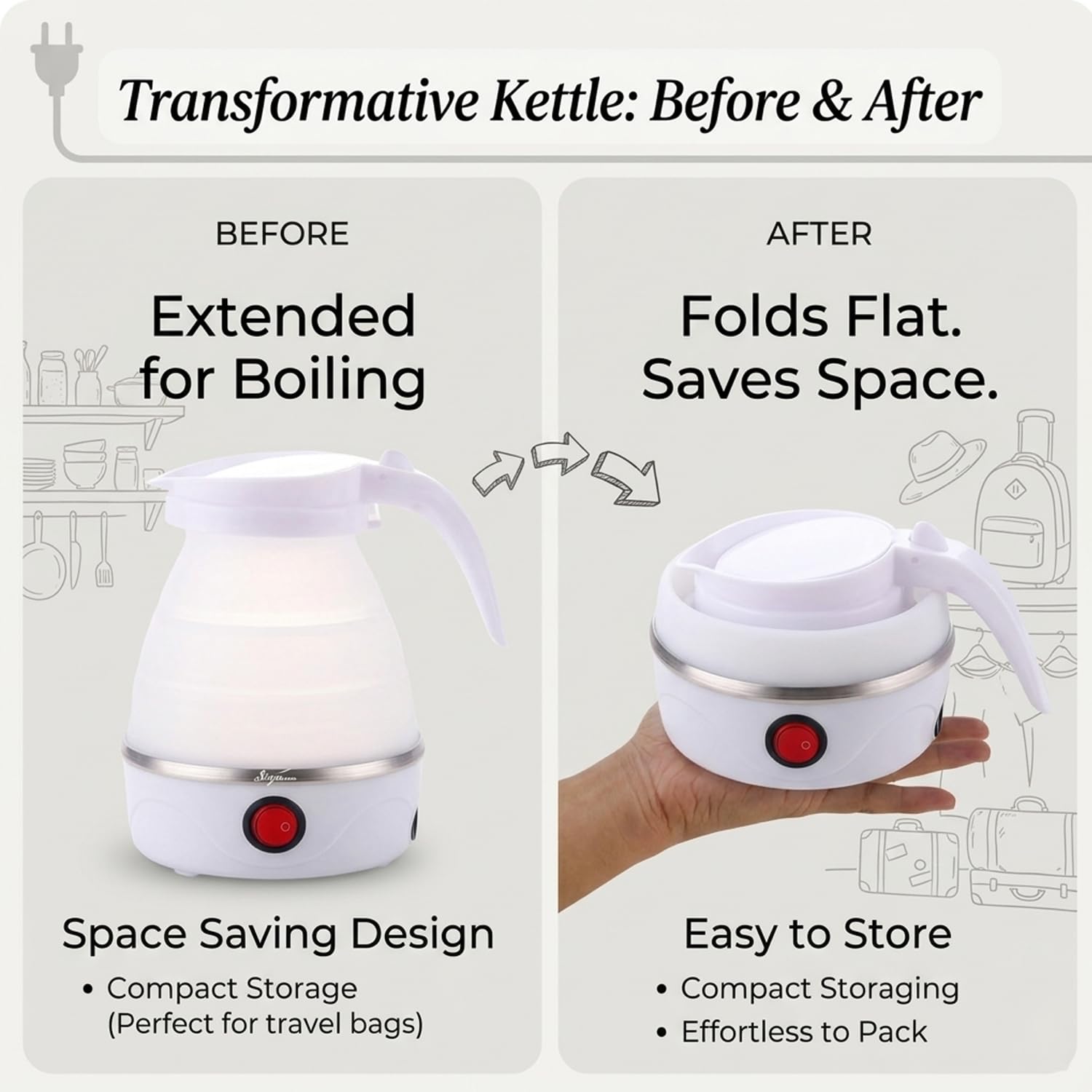 Signamio Electric Kettle - Portable for Travel, Foldable Silicone Travel Kettle, Compact and Lightweight, Ideal for Camping,Office, and Hotel Use, Quick Boil - 220V-600ML - White