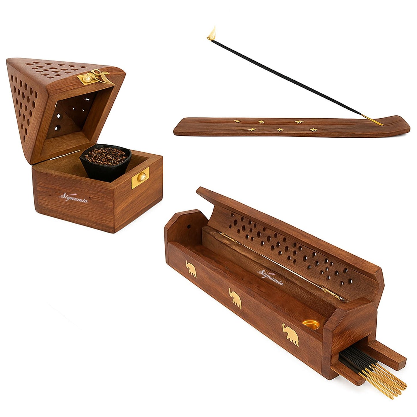 SIGNAMIO® 2pcs Wooden Horizontal Agarbatti and Dhoop Holder Premium Incense Stick Stand with Ash Catcher for Pooja Room - Essential Puja Items for Home & Agarbatti Stand Holder with Storage Box