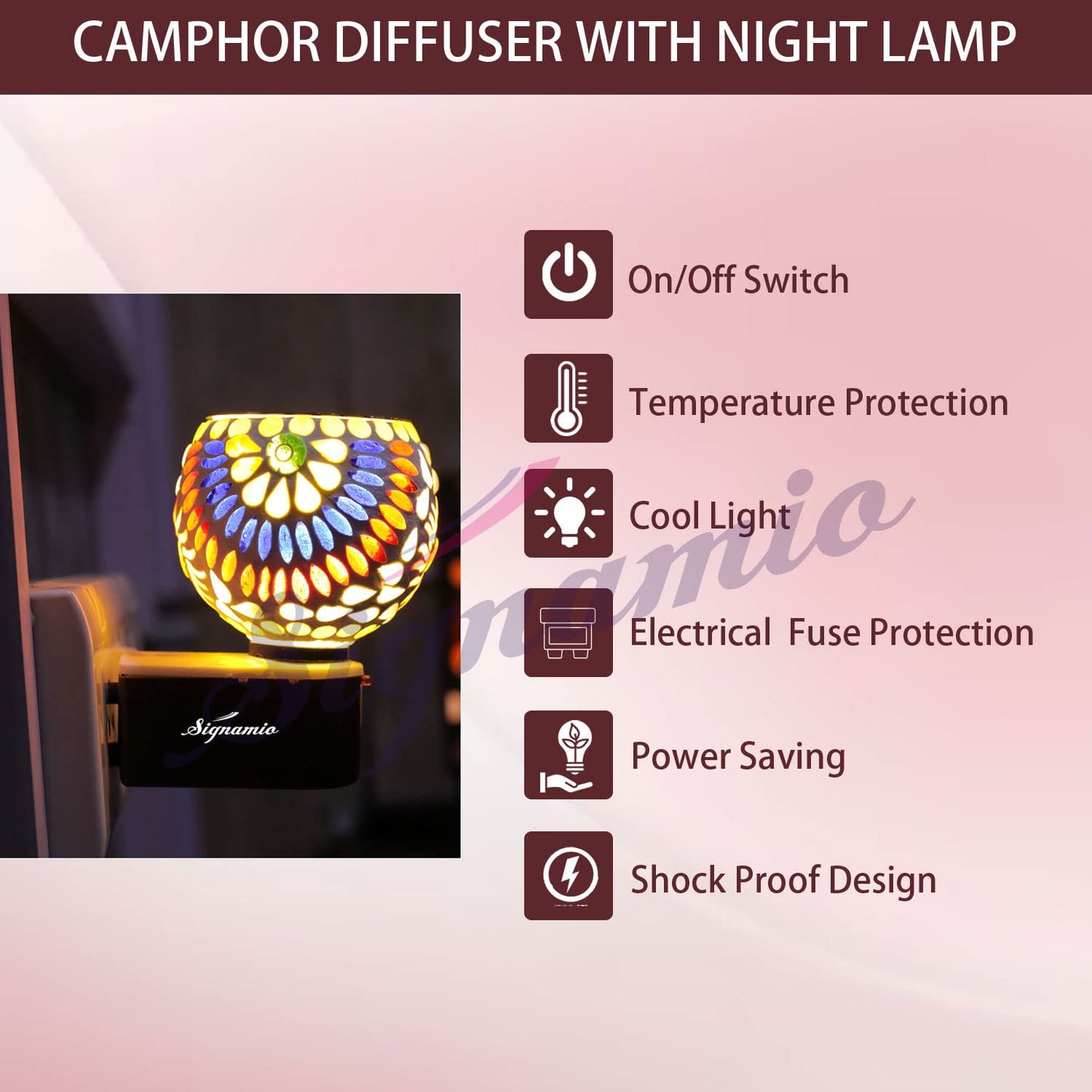 SIGNAMIO Multi Color 2 in 1 Kapoor Dani Electric Camphor Diffuser Burner & Aroma Diffuser Home Fragrance with Night Lamp, Perfect for Pooja Rooms & Daily Room Freshener Needs - DN-11
