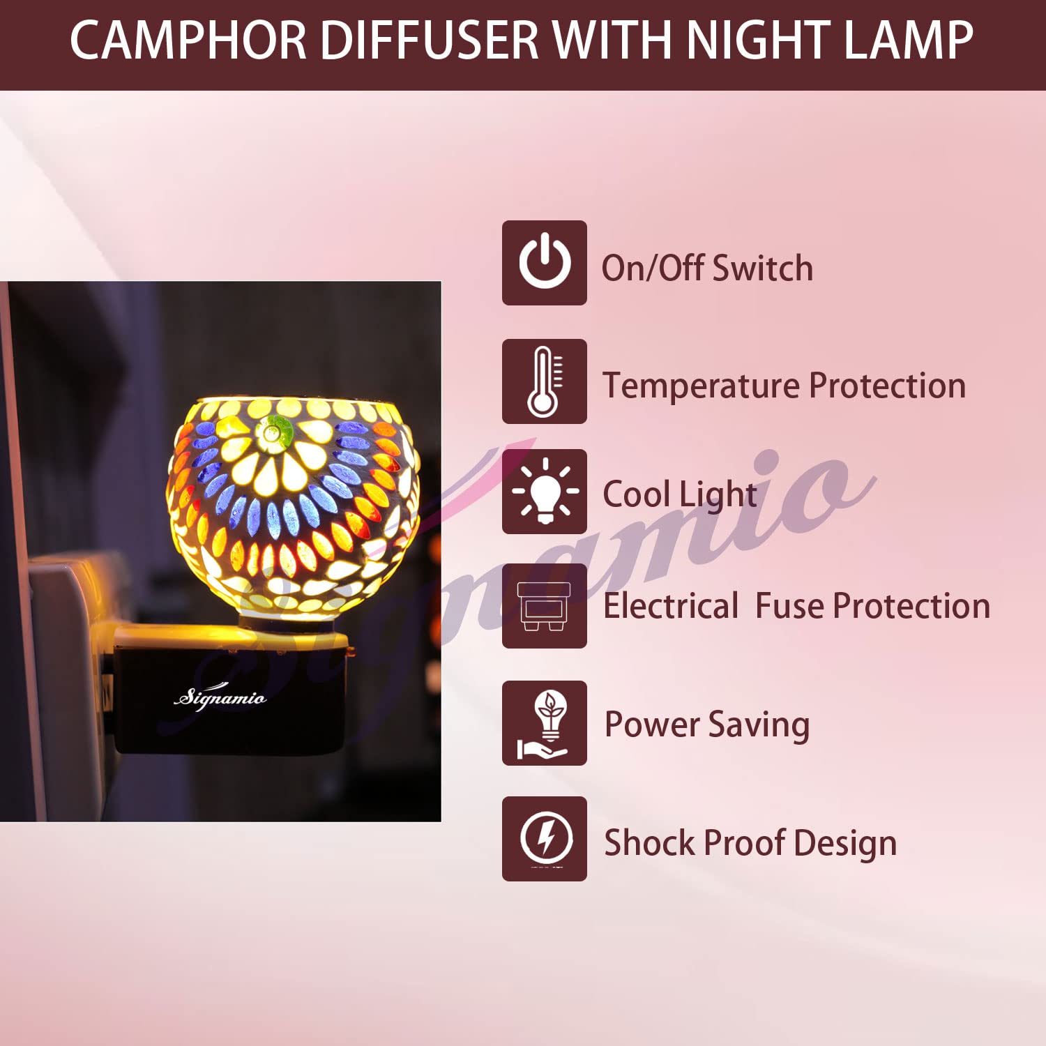 SIGNAMIO Multi Color 2 in 1 Kapoor Dani Electric Camphor Diffuser Burner & Aroma Diffuser Home Fragrance with Night Lamp, Perfect for Pooja Rooms & Daily Room Freshener Needs - DN-11