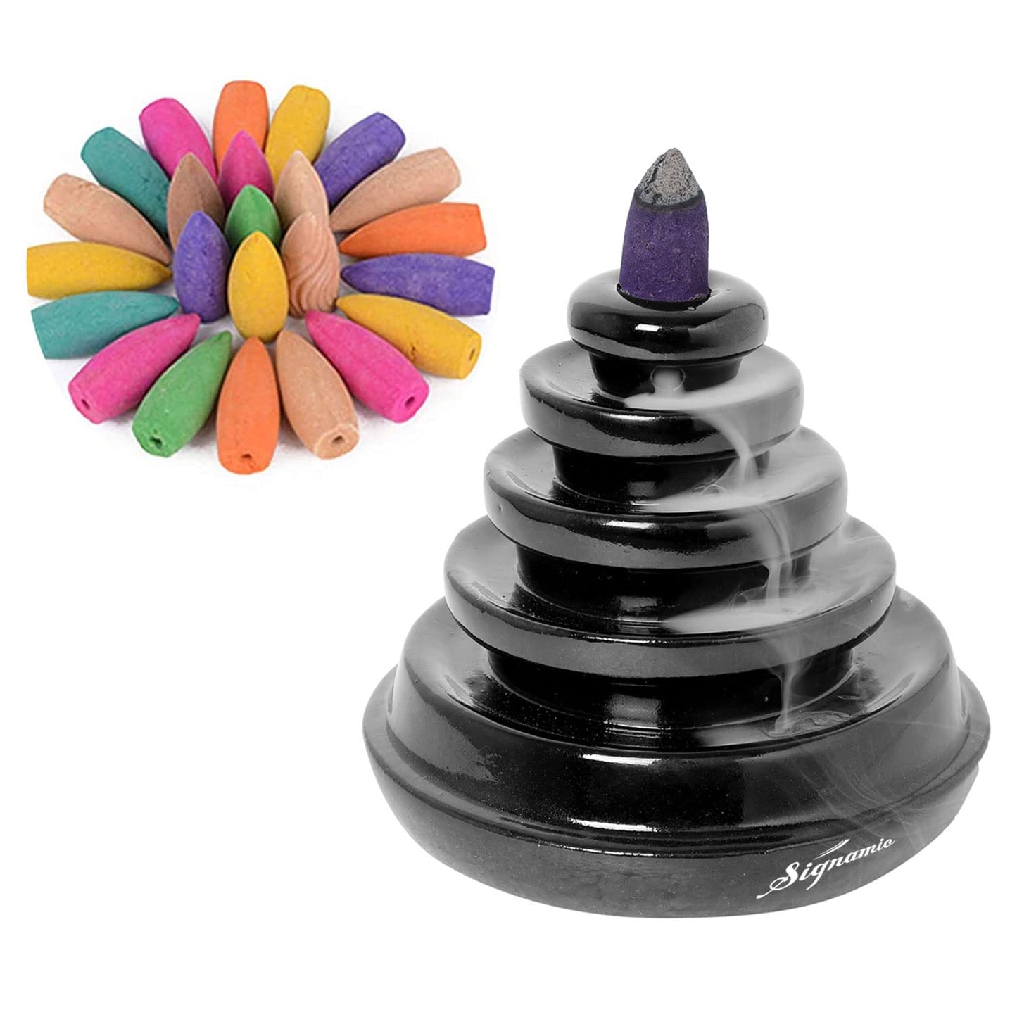 Signamio Ceramic Backflow Incense Fountain - 30 Cones Included for Pooja Meditation, Elegant Backflow Incense Holder, Aesthetic Incense Burner for Decor-DN-25