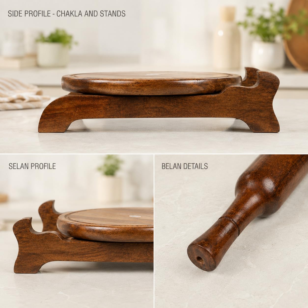 SIGNAMIO® Wooden Chakla Belan Set for Kitchen - Roti Maker with Rolling Pin and Board Stand - Perfect Chapati Rolling Board and Polpat Latna for Effortless Roti and Chapati Preparation
