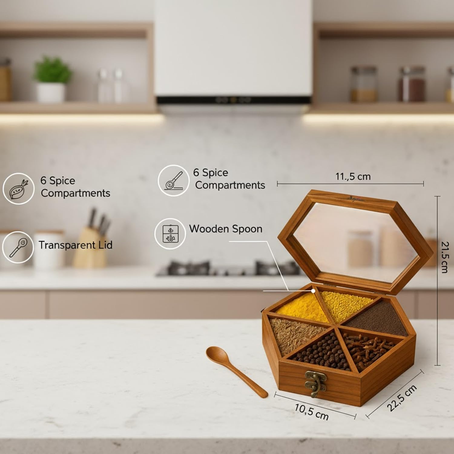 SIGNAMIO® Hexa Wooden Spice Box with Detachable Containers and Spoon, Transparent Glass Masala dani for Kitchen Storage, Anjarai Petti Style Organizer, Perfect Wooden Masala Box for Kitchen Use