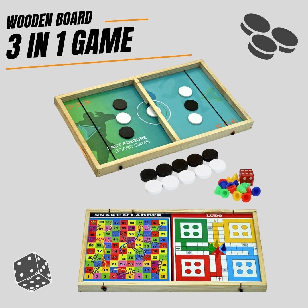 Signamio 3in1 Fastest Finger First String Sling Puck Air Ice Hockey, Ludo, Snake Wooden Board Games Set for Kids 10 Years - DN-1