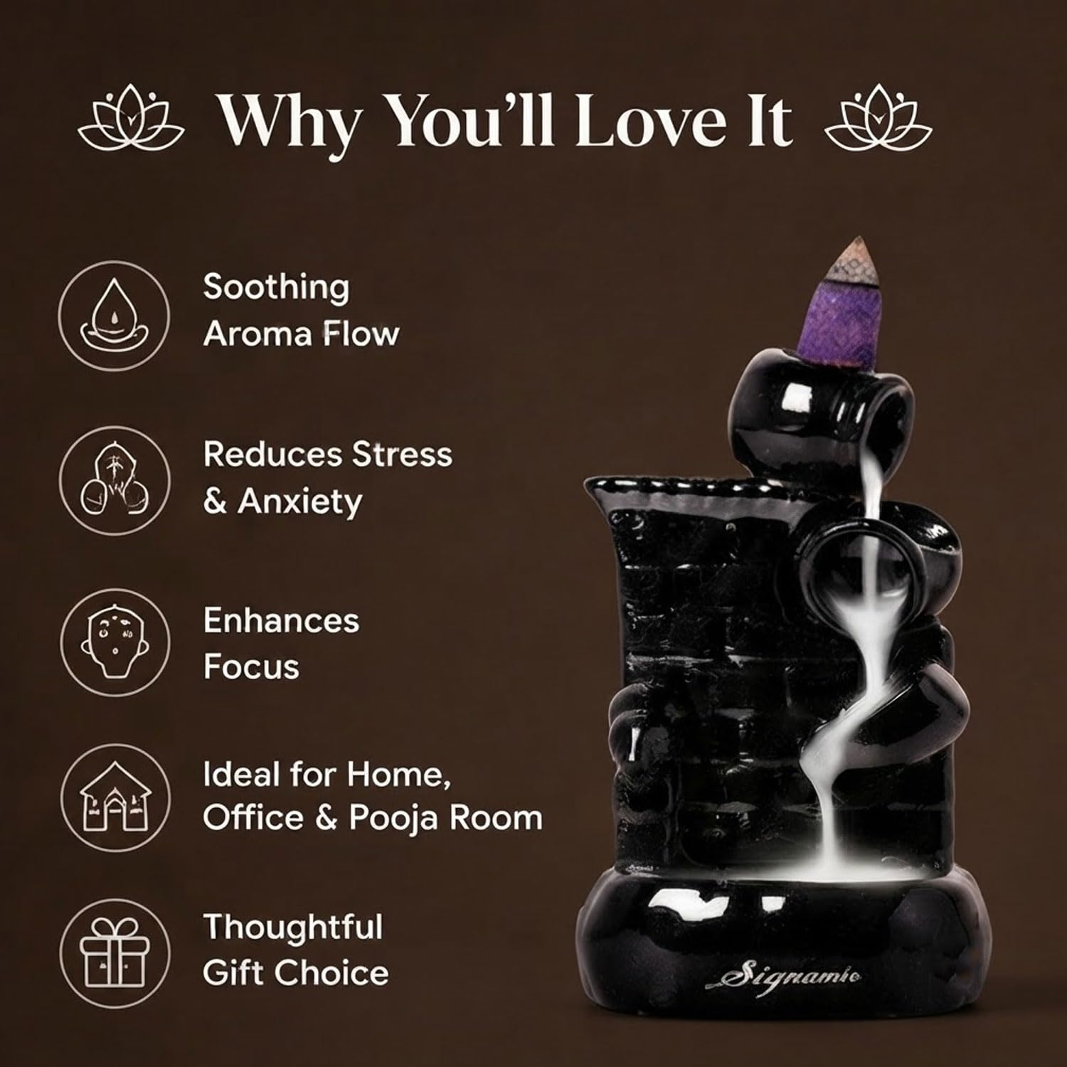 Signamio Ceramic Backflow Incense Fountain - 30 Cones Included for Pooja Meditation, Elegant Backflow Incense Holder, Aesthetic Incense Burner for Decor-DN-25