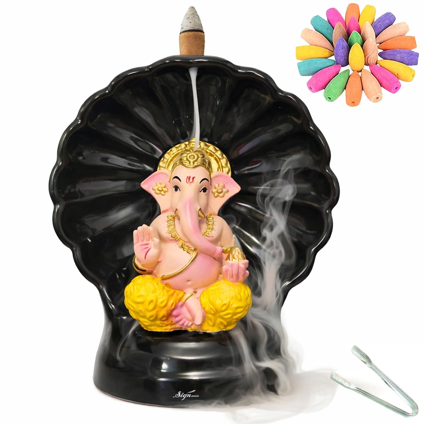 Signamio Ram Lalla Murti Ceramic Backflow Smoke Fountain - Hand Pattern Ayodhya Ram Idol Decor - Ram Lala Idol for Home Temple with 30 Cone