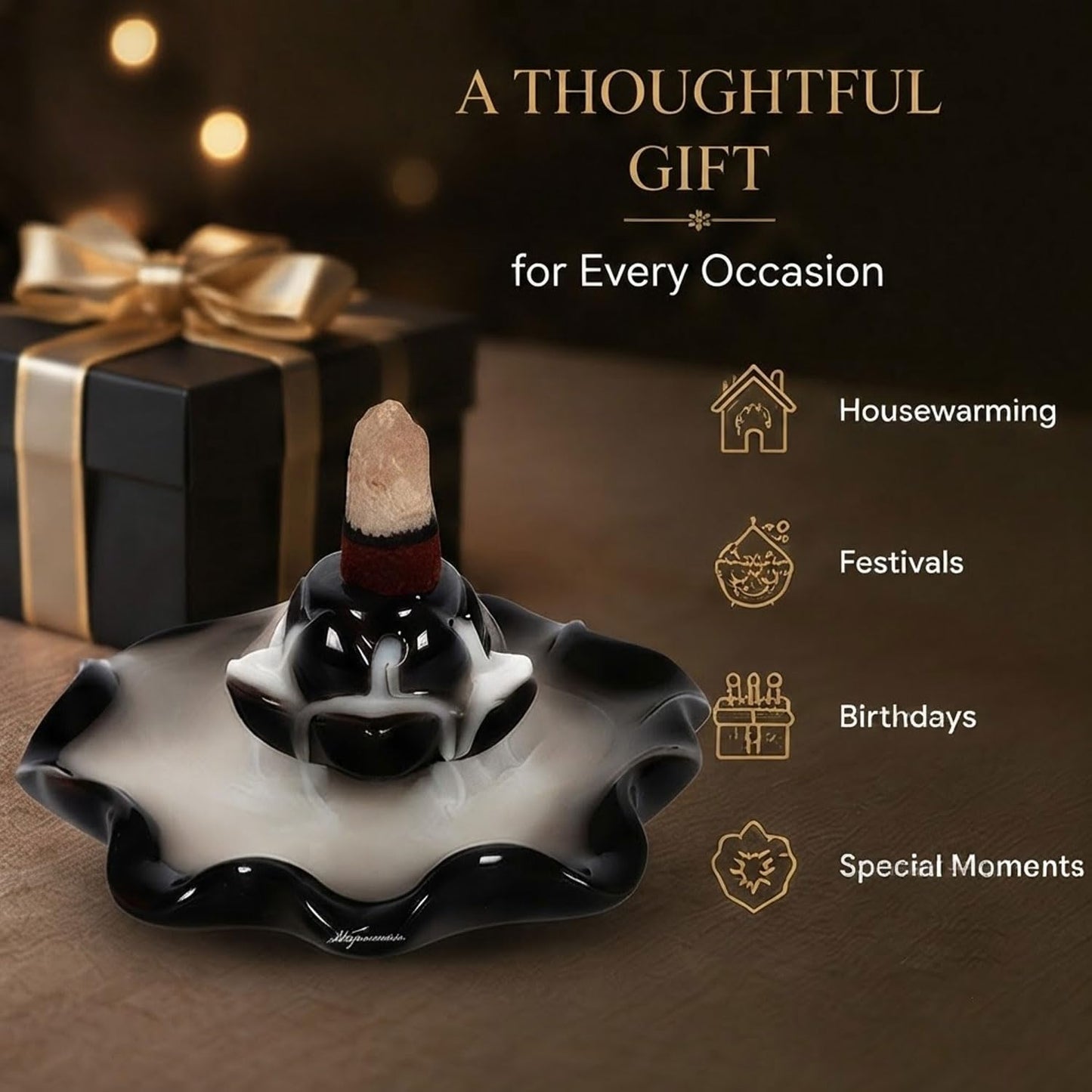 Signamio Ceramic Decorative Incense Stick Stand with Backflow Incense Smoke Fountain - 30 Cones Included for Pooja Meditation, Backflow Incense Burner Holder for Decor