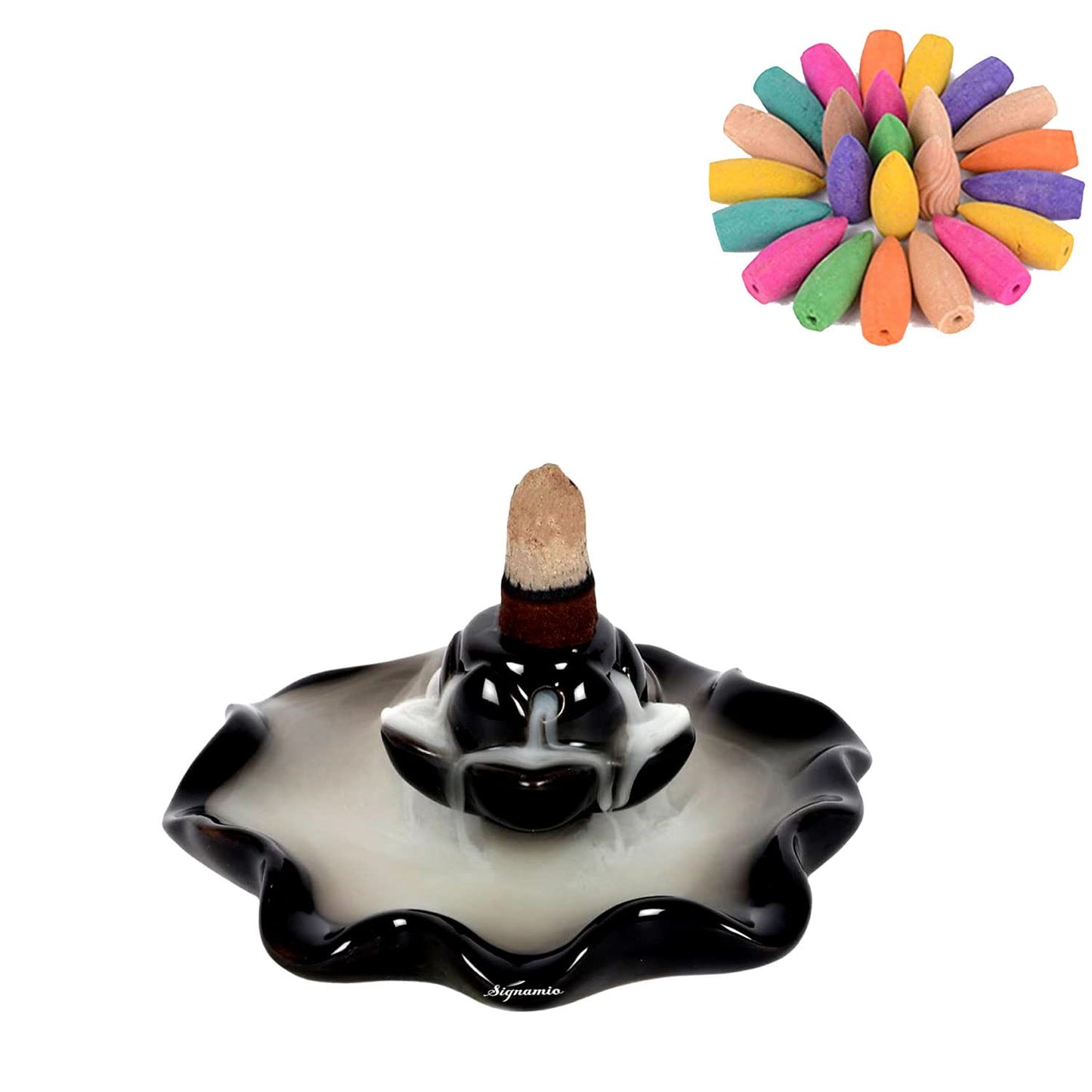 Signamio Ceramic Backflow Incense Fountain - 30 Cones Included for Pooja Meditation, Elegant Backflow Incense Holder, Aesthetic Incense Burner for Decor-DN-16