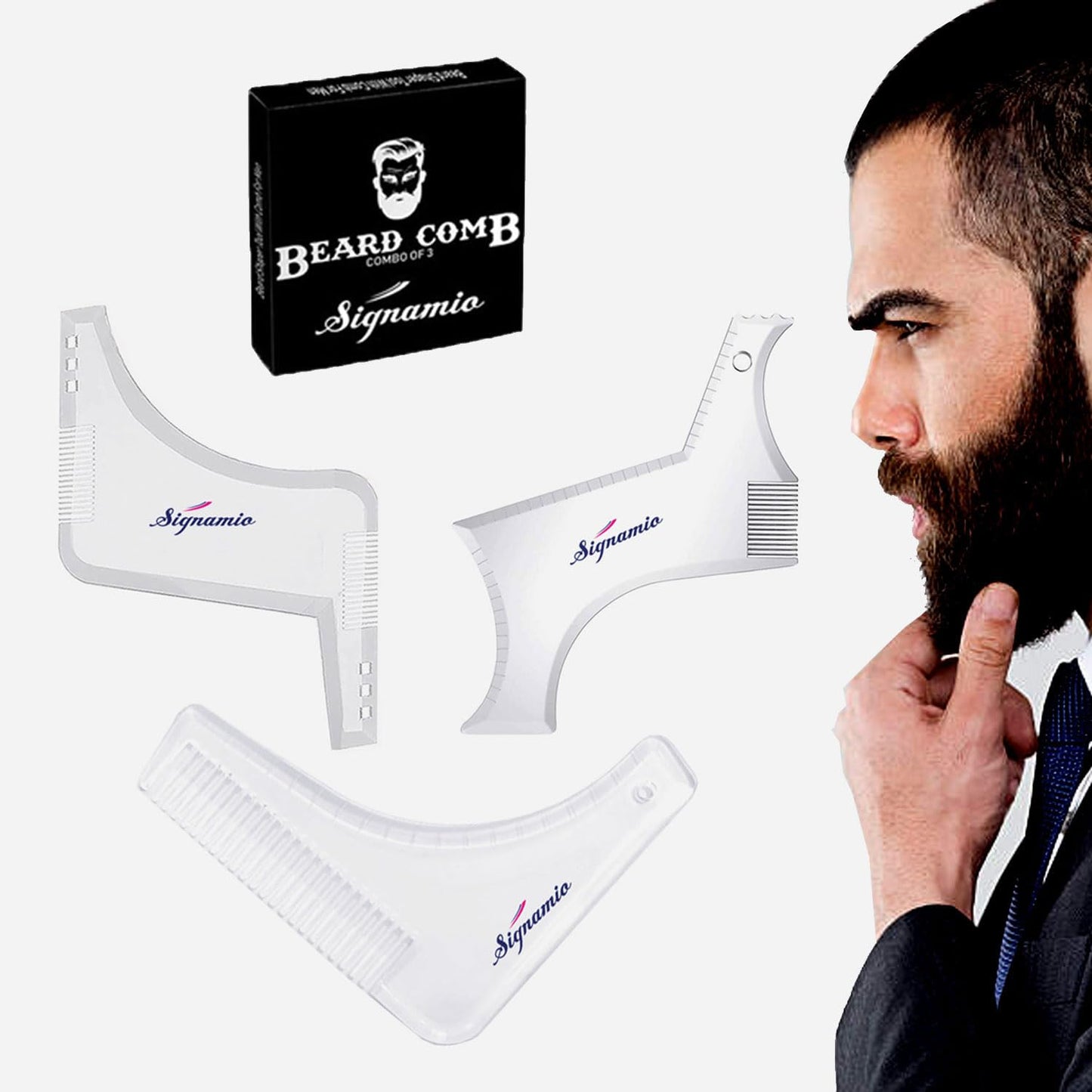 SIGNAMIO Set of 4 Multi Purpose Black/Transparent Beard Shaper tool for Men | Beard Shaping Stencil Comb for men styling shave for neck line guide - Grooming kit
