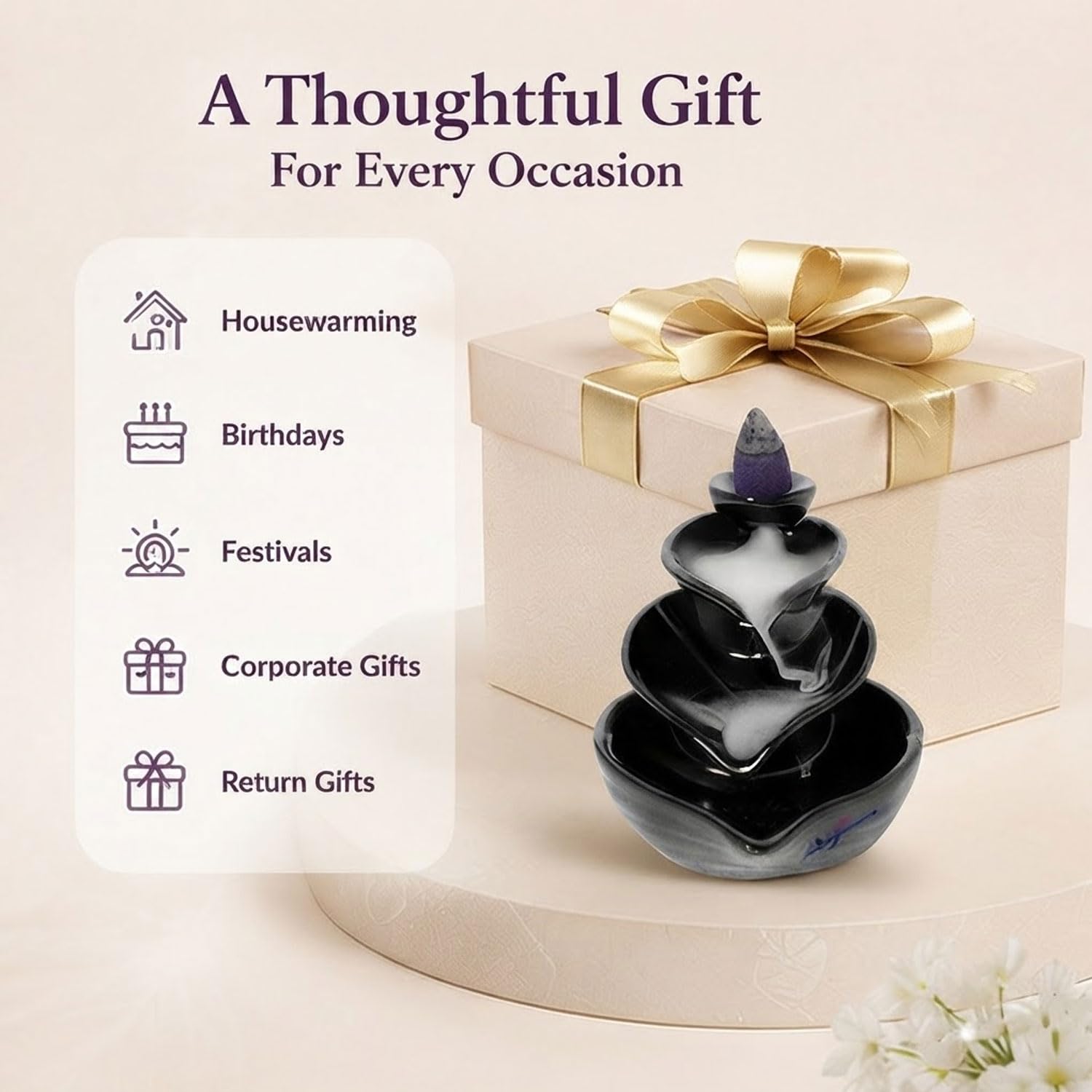SIGNAMIO Ceramic Backflow Incense Fountain - 30 Cones Included for Pooja Meditation, Elegant Backflow Incense Holder, Aesthetic Incense Burner for Decor-DN-10, Pink