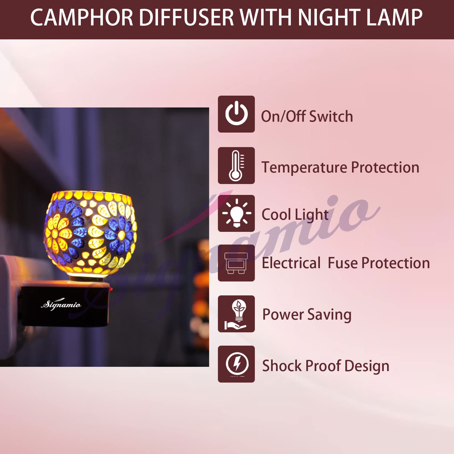 SIGNAMIO Multi Color 2 in 1 Kapoor Dani Electric Camphor Diffuser Burner & Aroma Diffuser Home Fragrance with Night Lamp, Perfect for Pooja Rooms & Daily Room Freshener Needs - DN-6