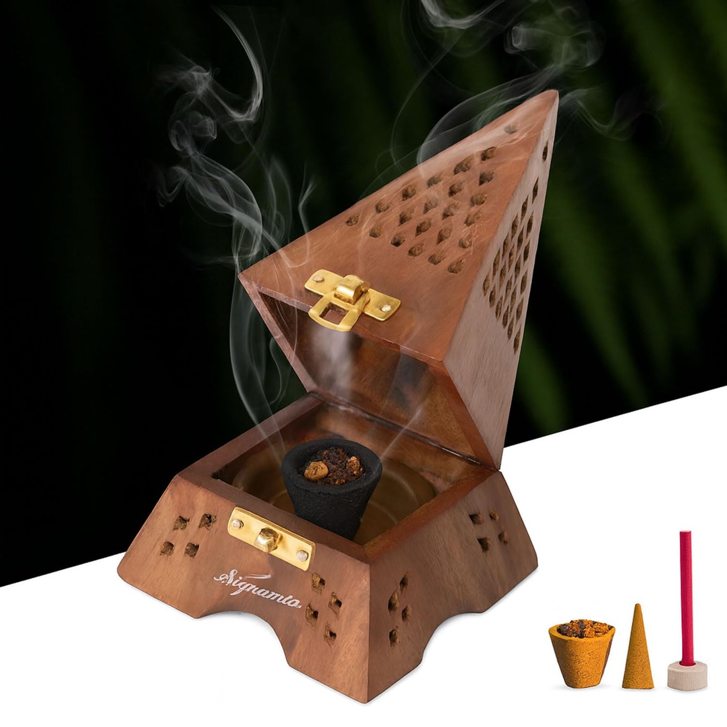 SIGNAMIO® 2pcs Wooden Horizontal Agarbatti and Dhoop Holder Premium Incense Stick Stand with Ash Catcher for Pooja Room - Essential Puja Items for Home & Agarbatti Stand Holder with Storage Box