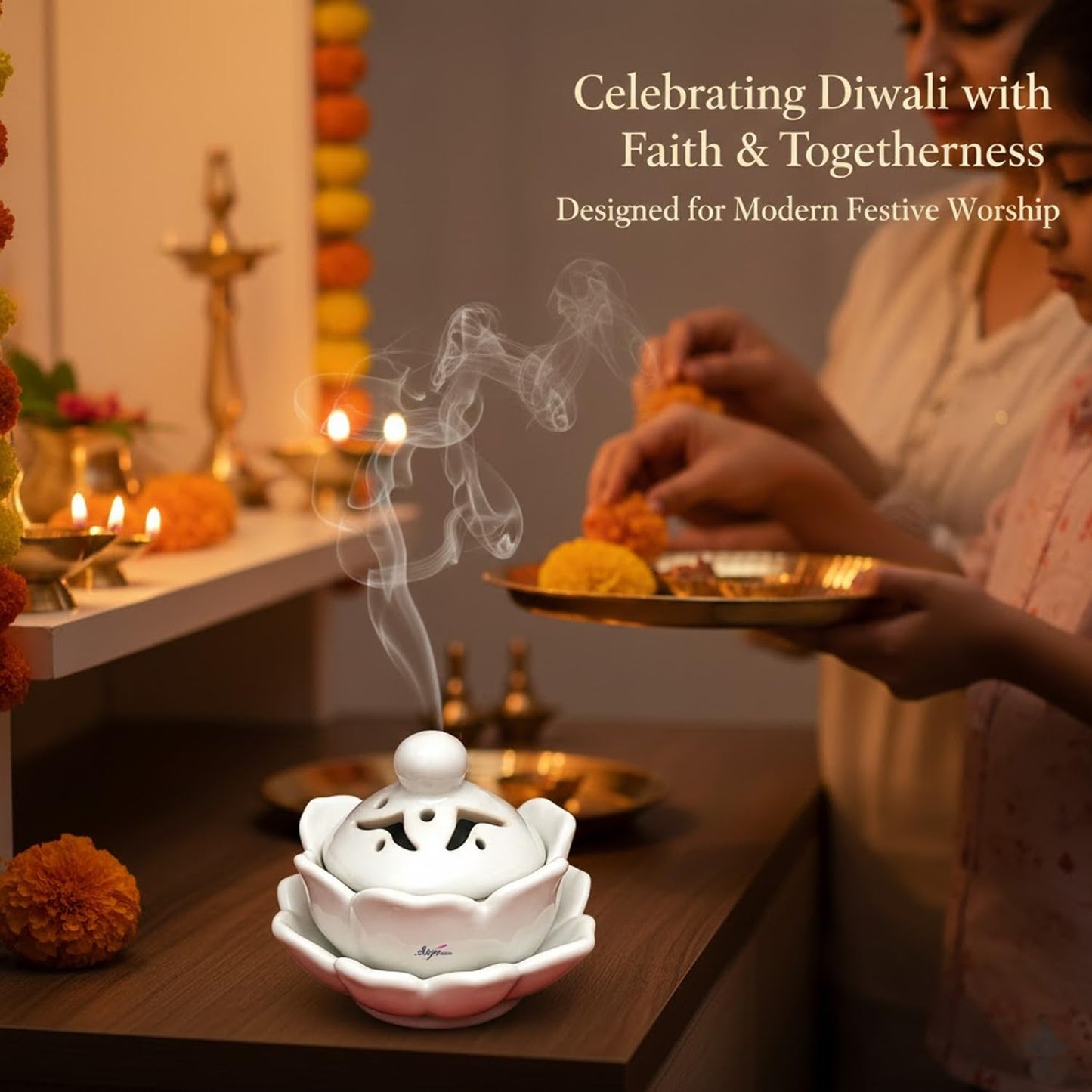 SIGNAMIO Sambrani Dhoop Stand - Ceramic Dhoop Holder for Pooja Room Decoration Items - Elegant and Durable Design - White