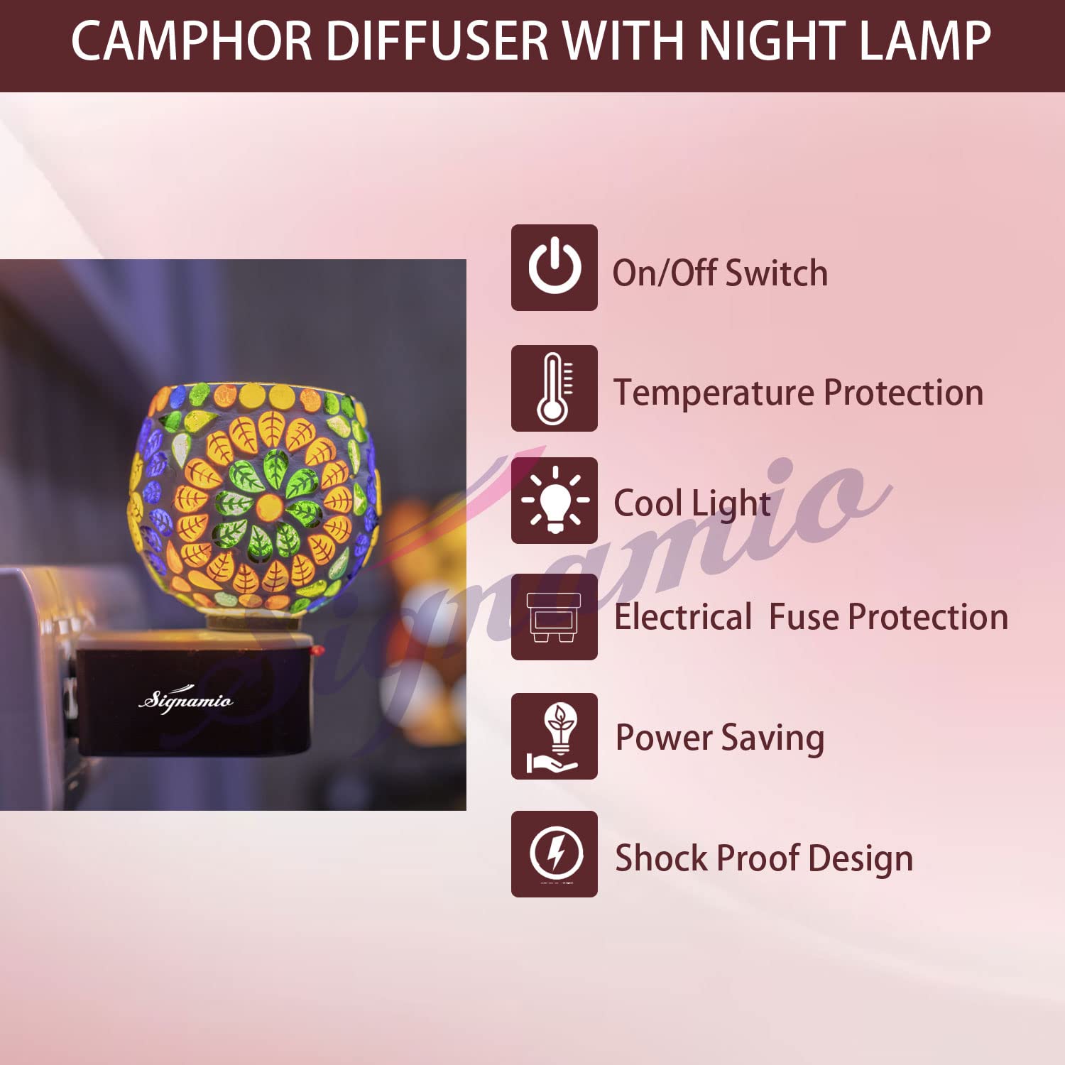 SIGNAMIO Multi Color 2 in 1 Kapoor Dani Electric Camphor Diffuser Burner & Aroma Diffuser Home Fragrance with Night Lamp, Perfect for Pooja Rooms & Daily Room Freshener Needs - DN-547