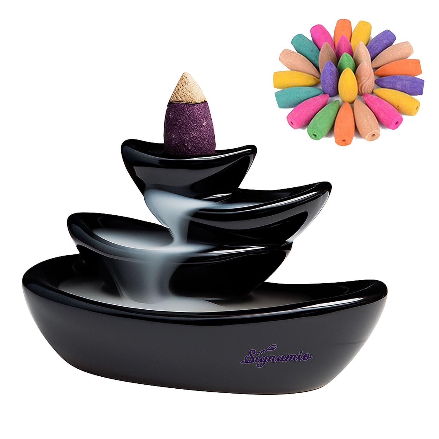 Signamio Ceramic Backflow Incense Fountain - 30 Cones Included for Pooja Meditation, Elegant Backflow Incense Holder, Aesthetic Incense Burner for Decor-DN-16