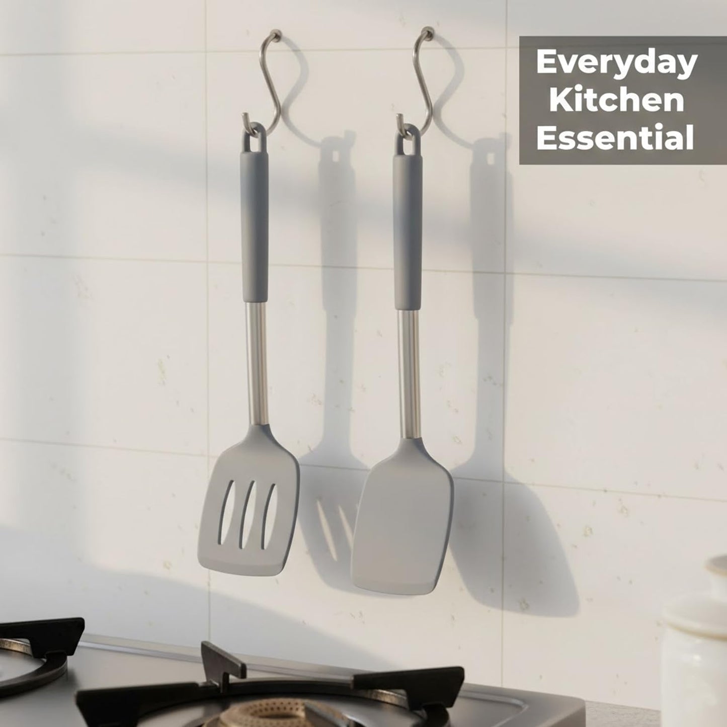 Signamio Silicone Spatula and Turner Set of 2 with Steel Handle - Non-Stick Pan Compatible for Cooking, Baking, and More - Durable for Kitchen Use-Grey
