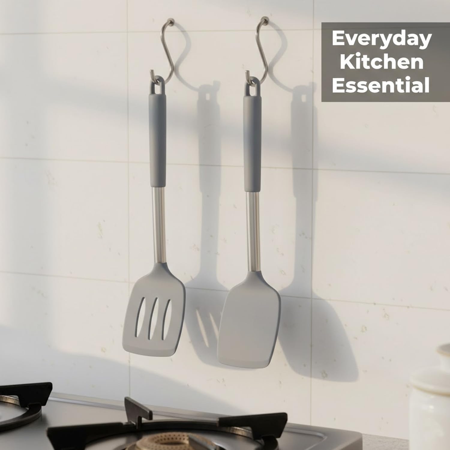 Signamio Silicone Spatula and Turner Set of 2 with Steel Handle - Non-Stick Pan Compatible for Cooking, Baking, and More - Durable for Kitchen Use-Grey