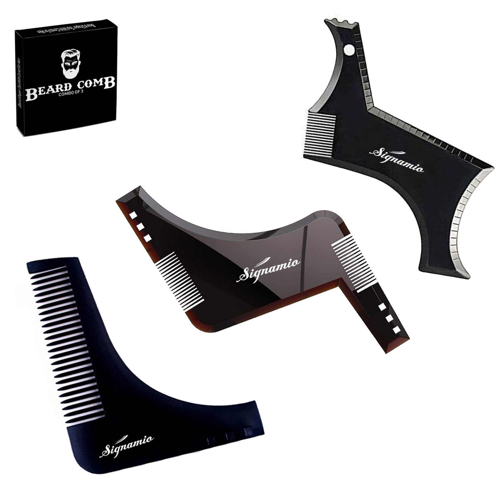 SIGNAMIO Set of 4 Multi Purpose Black/Transparent Beard Shaper tool for Men | Beard Shaping Stencil Comb for men styling shave for neck line guide - Grooming kit