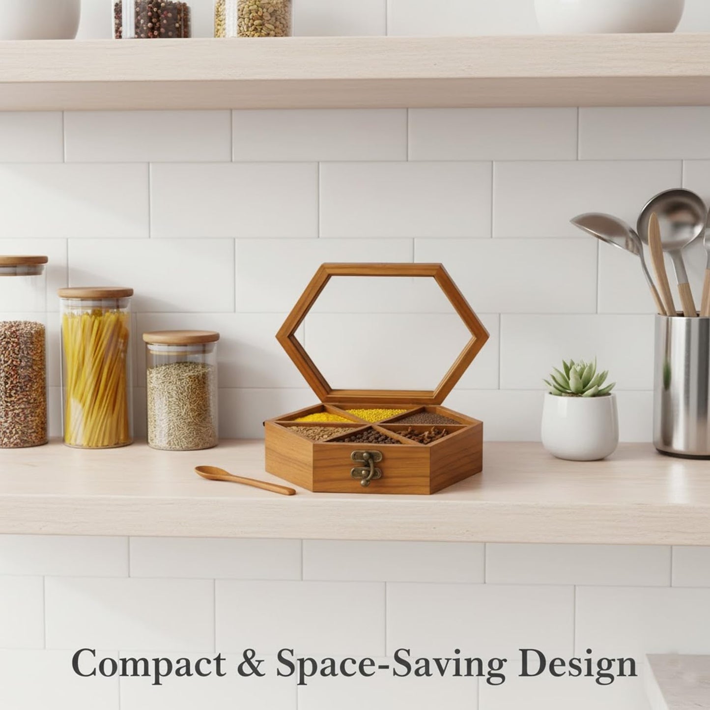 SIGNAMIO® Hexa Wooden Spice Box with Detachable Containers and Spoon, Transparent Glass Masala dani for Kitchen Storage, Anjarai Petti Style Organizer, Perfect Wooden Masala Box for Kitchen Use