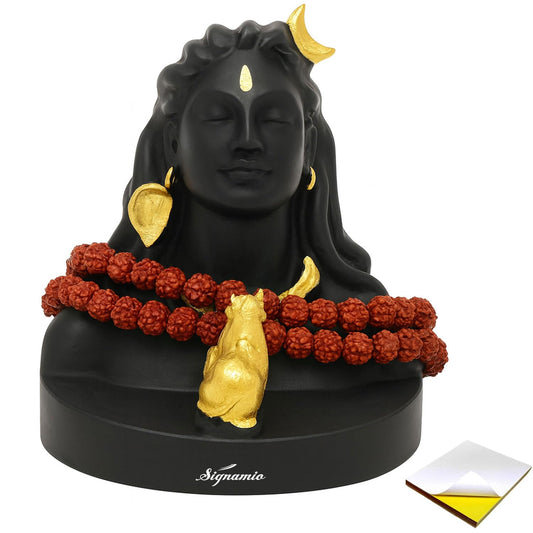 SIGNAMIO® Lord Shiva Idol: Handcrafted Mahadev Murti with Nandi - Perfect Spiritual Car Dashboard Accessory and Gift Item, Featuring ShivJi Adiyogi Statue & Rudraksh Mala-Ideal God Idols for Car Decor