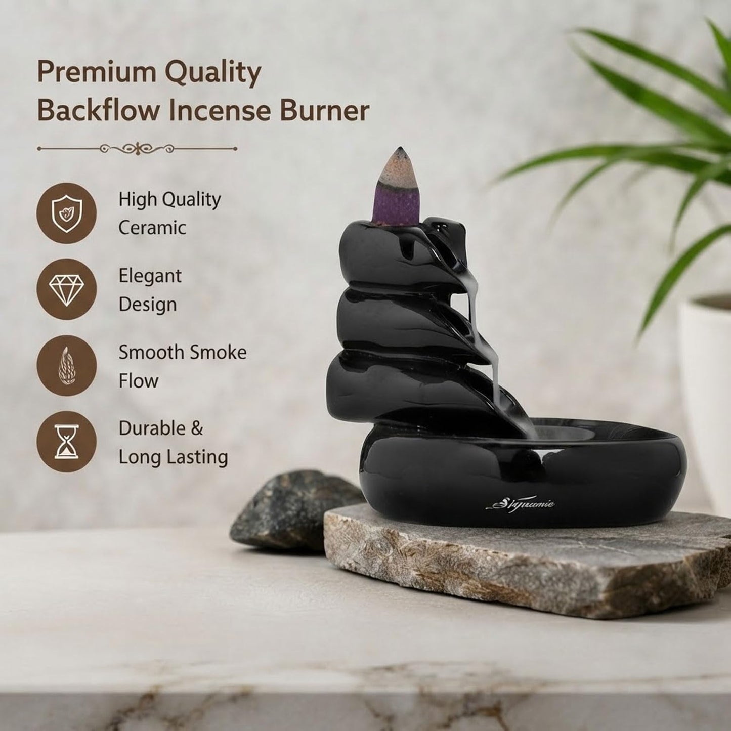 Signamio Ceramic Backflow Incense Fountain - 30 Cones Included for Pooja Meditation, Elegant Backflow Incense Holder, Aesthetic Incense Burner for Decor-DN-24