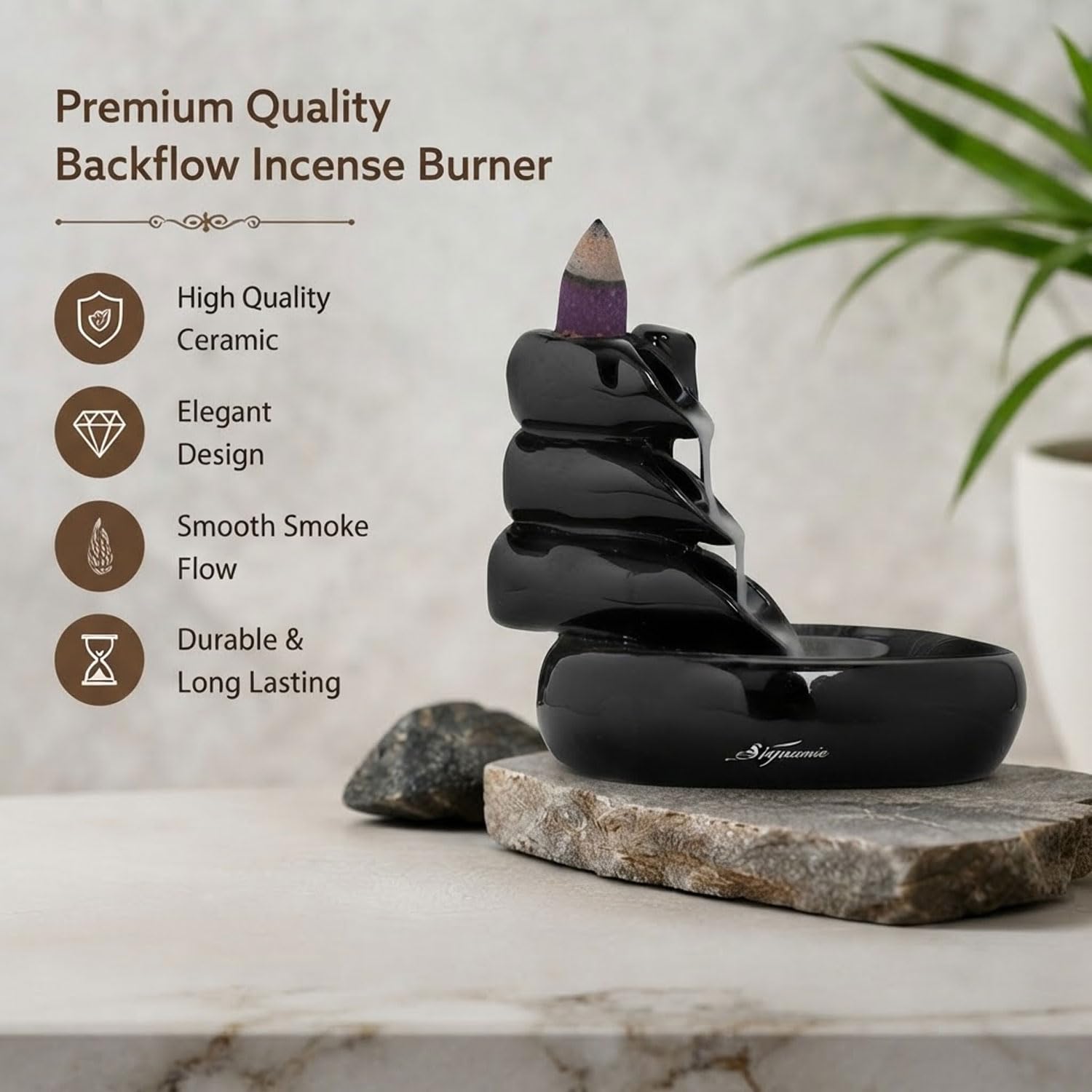 Signamio Ceramic Backflow Incense Fountain - 30 Cones Included for Pooja Meditation, Elegant Backflow Incense Holder, Aesthetic Incense Burner for Decor-DN-24